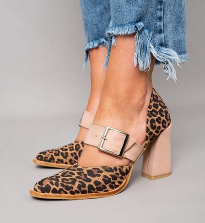 Leyla™ - Leopard Print Khaki Chunky Heels